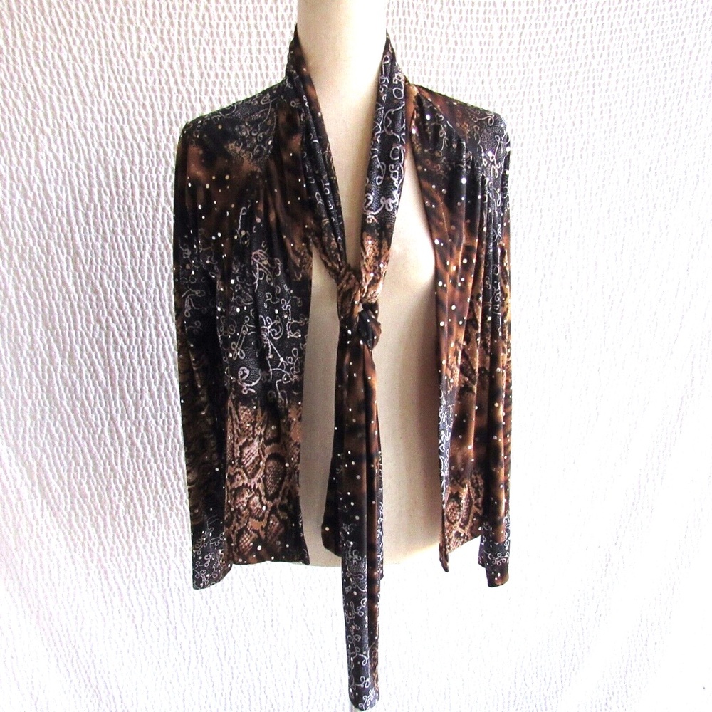 Mix Animal Print Cardigan Top Iridescent Sparkle Tie Kokomo M Brown Black USA